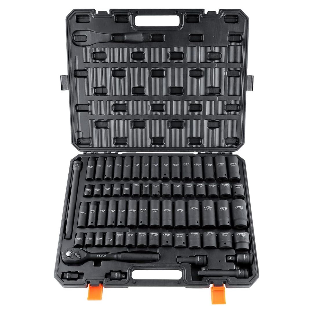 65-Piece Vevor 1/2" Drive Impact Socket Set (SAE & Metric)