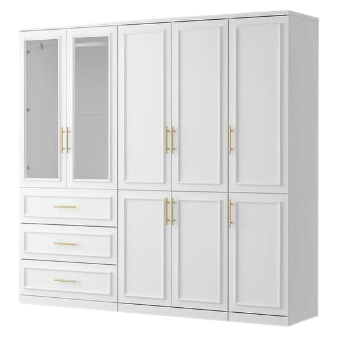 3-Combination White Wood 79.1"W 8-Door Big Armoires