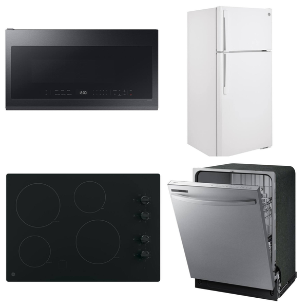 GE 16.6 cu. ft. Refrigerator + Samsung 24" Dishwasher + GE 30" 4-Burner Cooktop + Samsung 2.1 cu. ft. 1000W Microwave