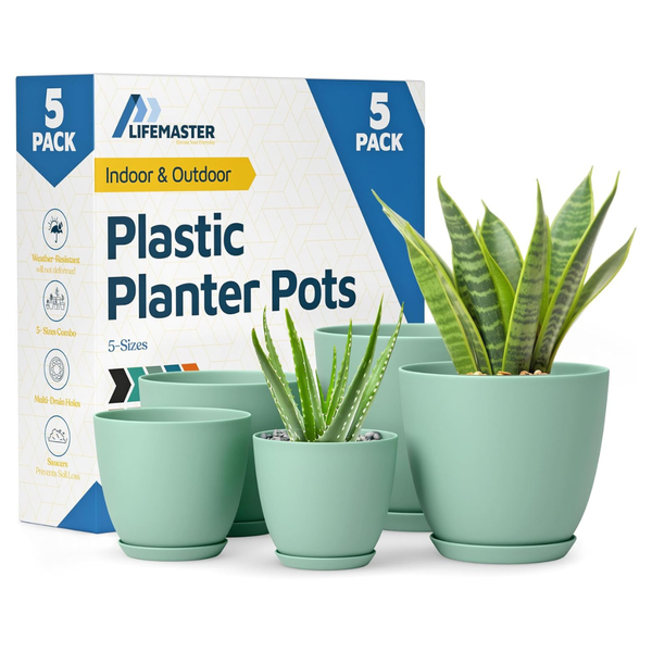 5-Pack Plastic Planter Pots With Drainage Holes