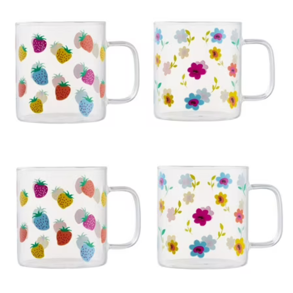 4-Pack Way To Celebrate 10oz Floral Strawberry Glass Mug