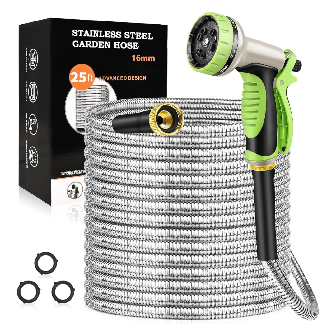 25-Ft Stainless Steel Garden Hose w/ 10-Function Nozzle