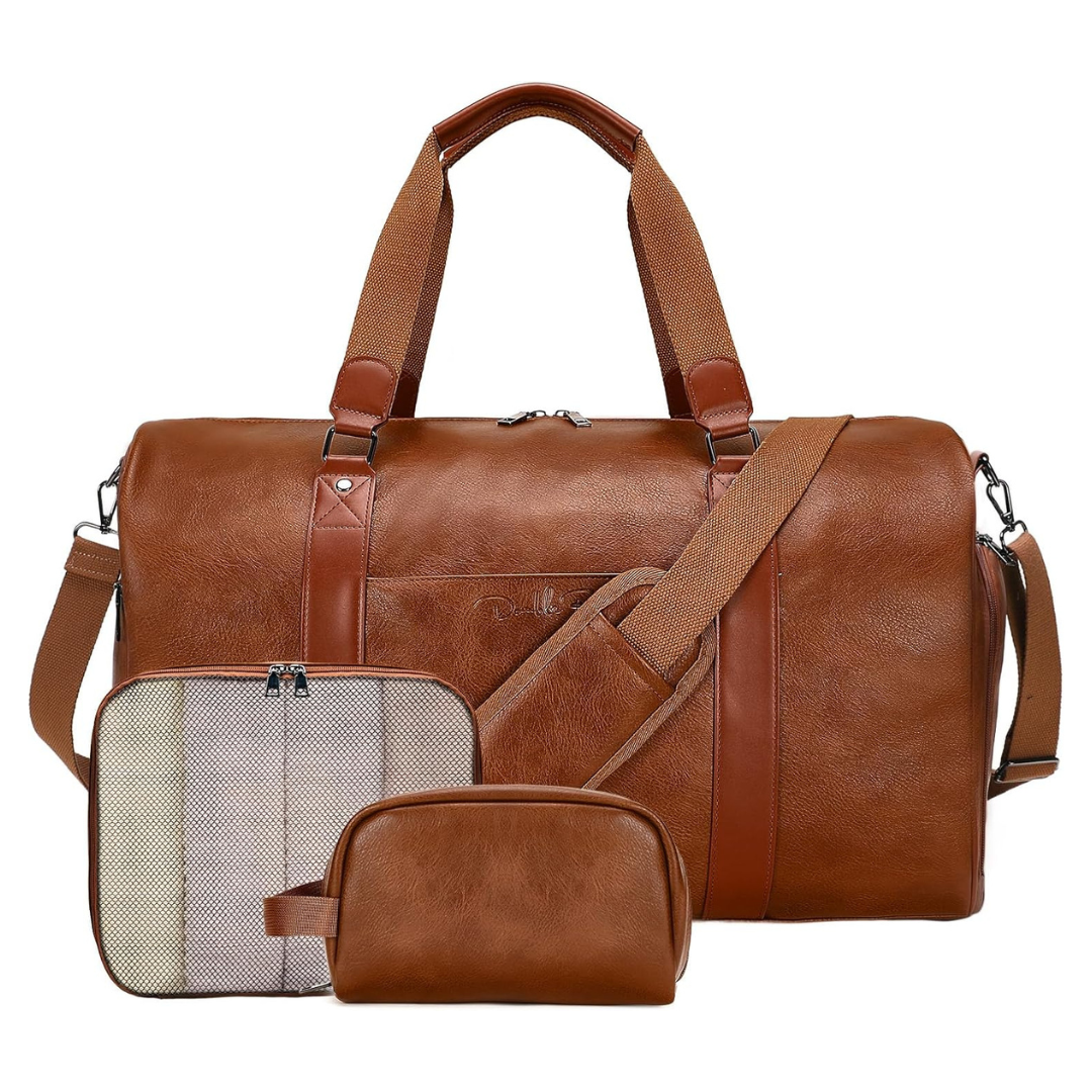 3-in-1 Carry On Leather Duffle Bag With Toiletry Bag