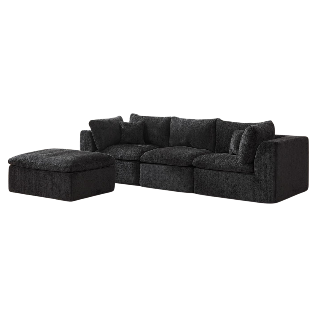 Sthouyn 114" Modern Black Boneless Sectional Couches W/ Ottoman