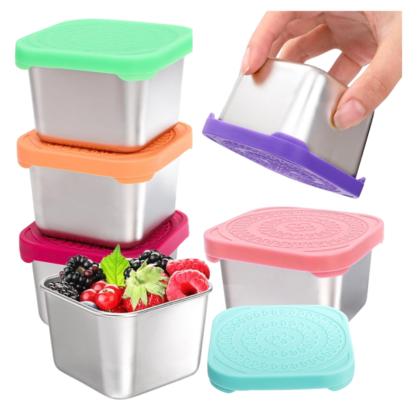 6-Pack 6 Oz Stainless Steel Snack Containers With Silicone Lids