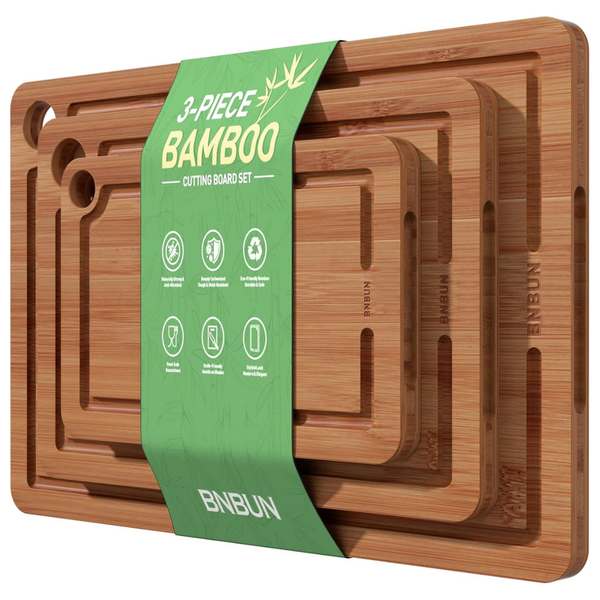 3-Piece Bamboo Cutting Board Set W/ Deep Juice Groove & Built-In Handles
