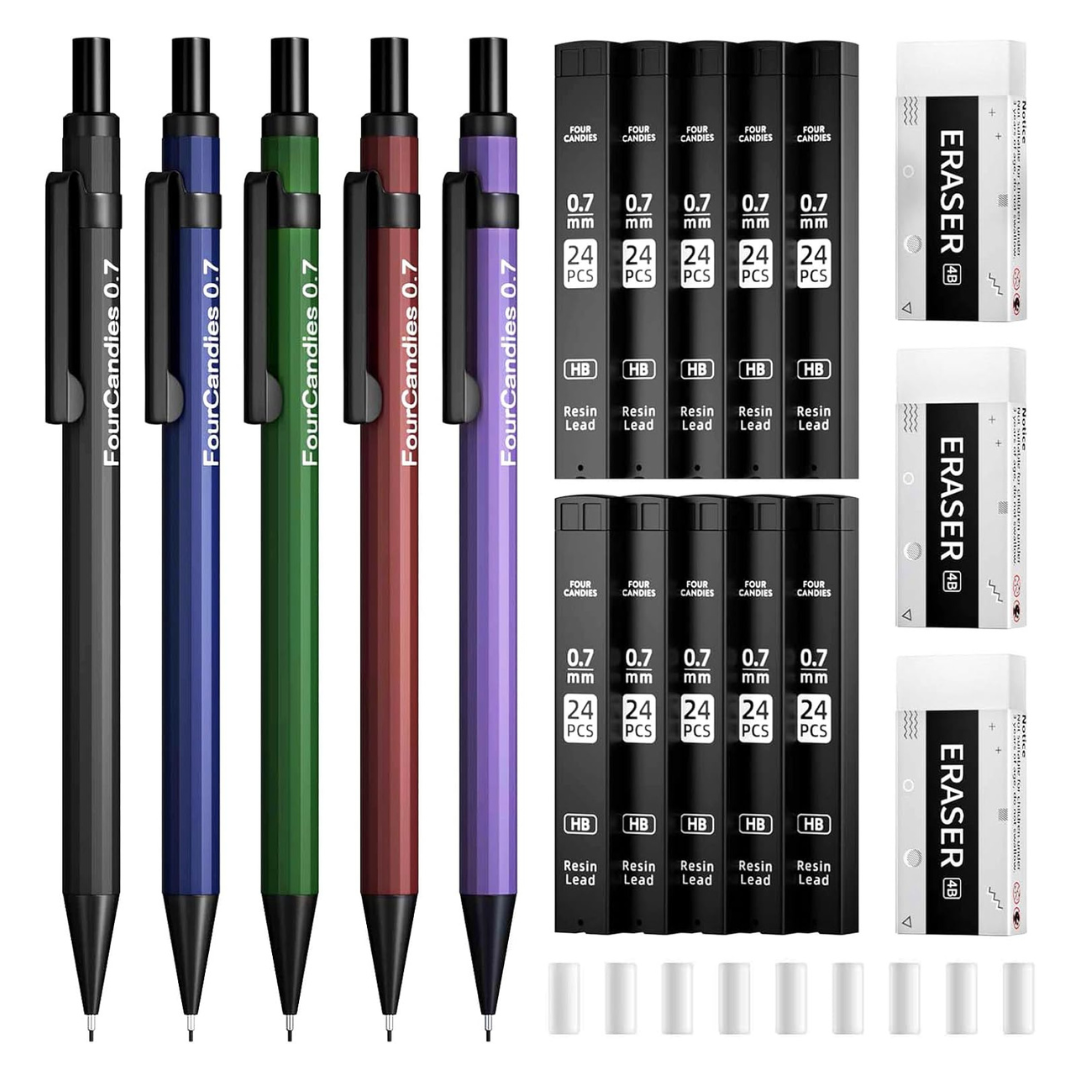 19-Count Four Candies 0.7mm Mechanical Pencil Set W/ Leads & Erasers