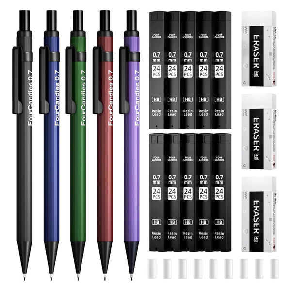 19-Count Four Candies 0.7mm Mechanical Pencil Set W/ Leads & Erasers