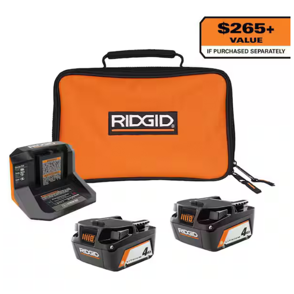 2-Count Ridgid 4.0Ah Lithium Ion Battery Starter Kit with Charger & Bag