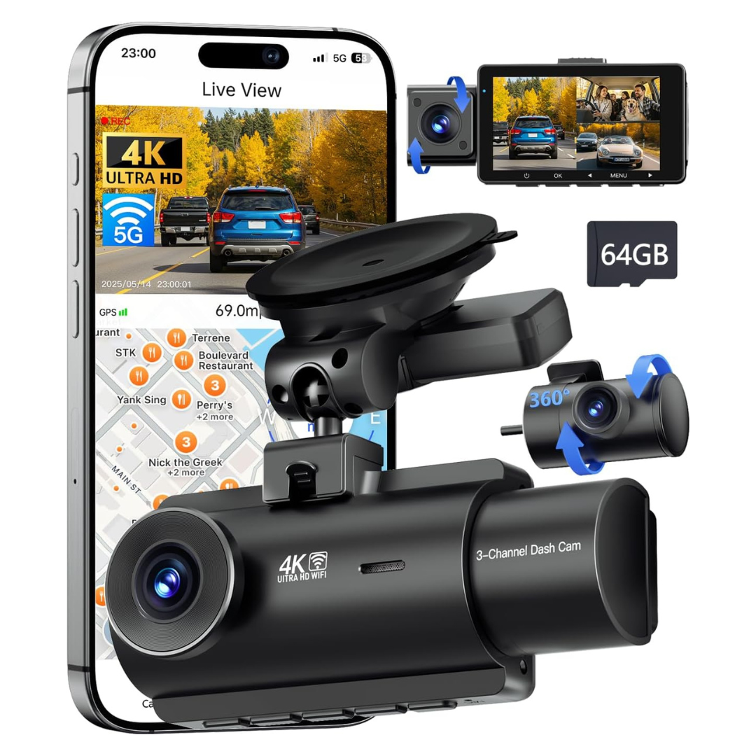 Qcontrol 4K 5G WiFi 3 Channel Front & Rear Inside Dash Cam