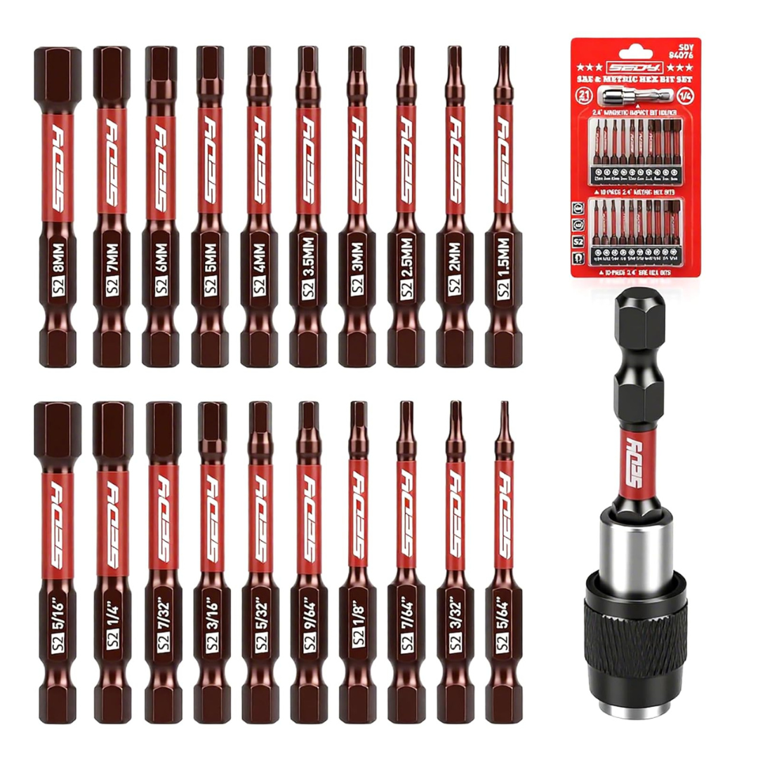 21-Piece 2.5" Hex Head Allen Wrench Drill Bit Set