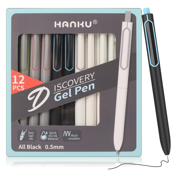 12-Pack Hanku 0.5mm Fine Point Retractable Gel Pens (Black Ink)