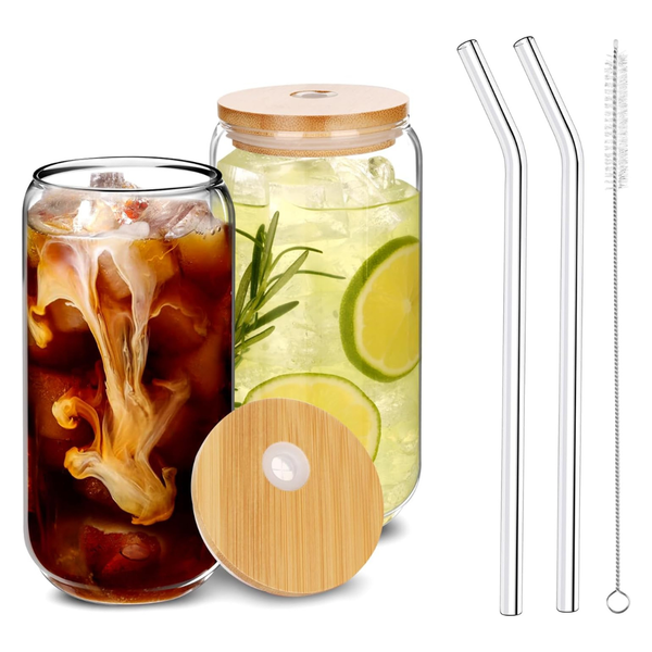 2-Piece 16 Oz Glass Cups With Lids And Straws