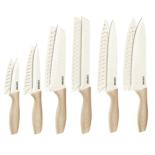 12-Piece Carote Stainless Steel Kitchen Knife Set With Blade Guards (Cream)