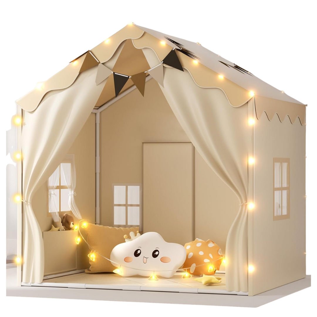 2-in-1 Kids Double Door Large Play Tent W/ Padded Mat & Lights