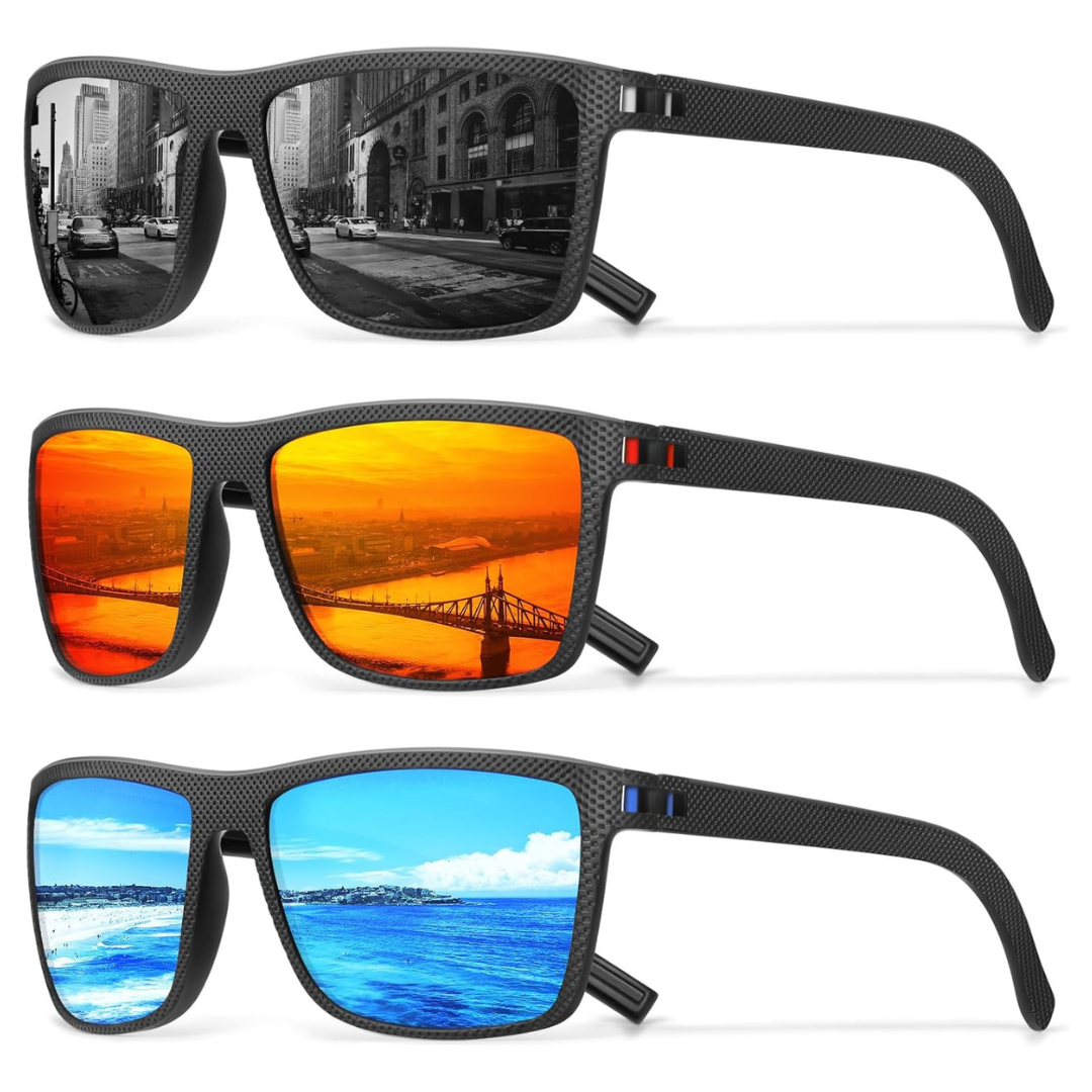 3-Pack Men's Square Polarized Sunglasses With UV Protection