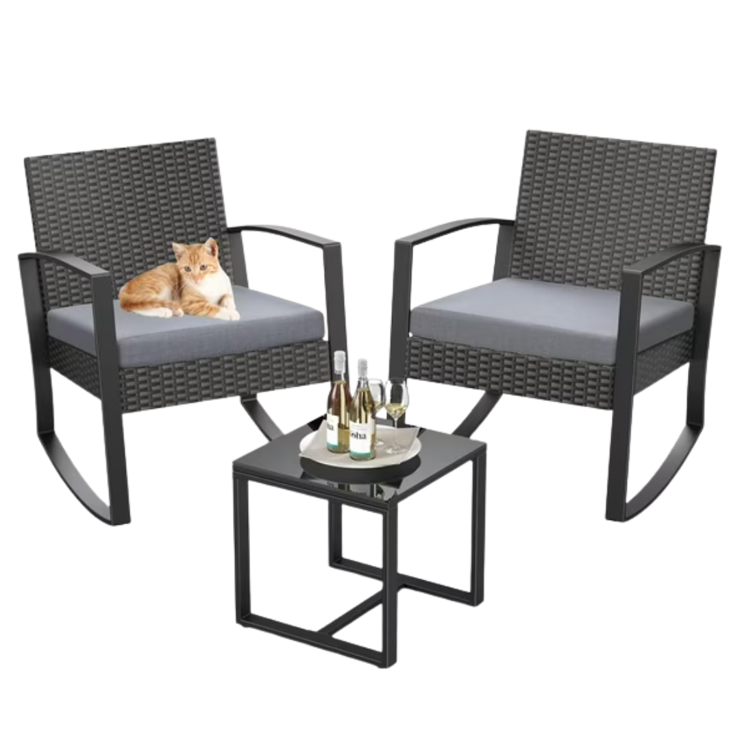 3-Piece Lofka Rocking Chairs Patio Furniture Set W/ Table & Cushions (2 Colors)