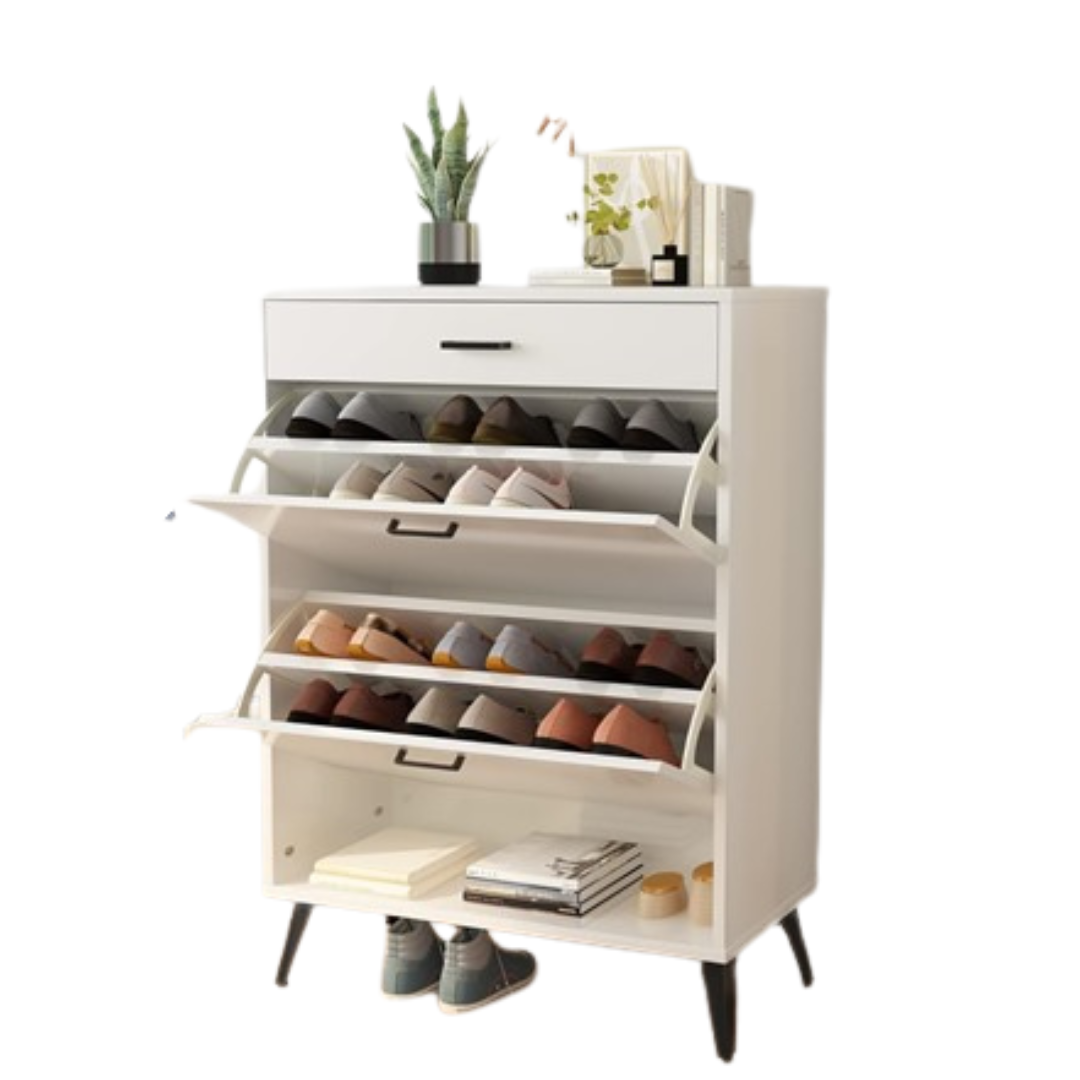 43.3" x 31.49" Shoe Organizer Cabinet W/ 2 Flip Cabinets & Open Shelves