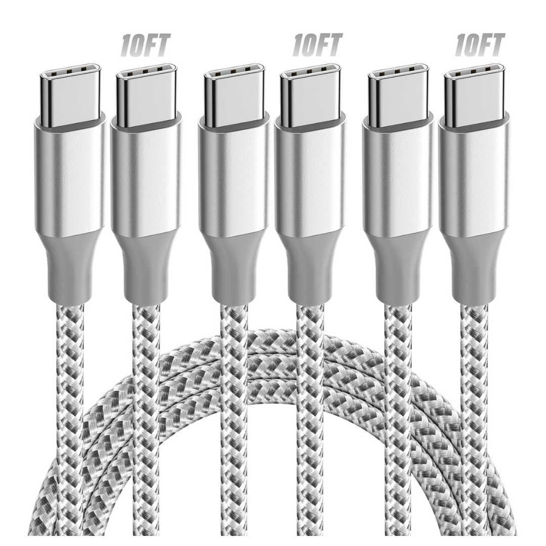 3-Pack 10-Ft 60W Fast Charging USB-C To USB-C Cables