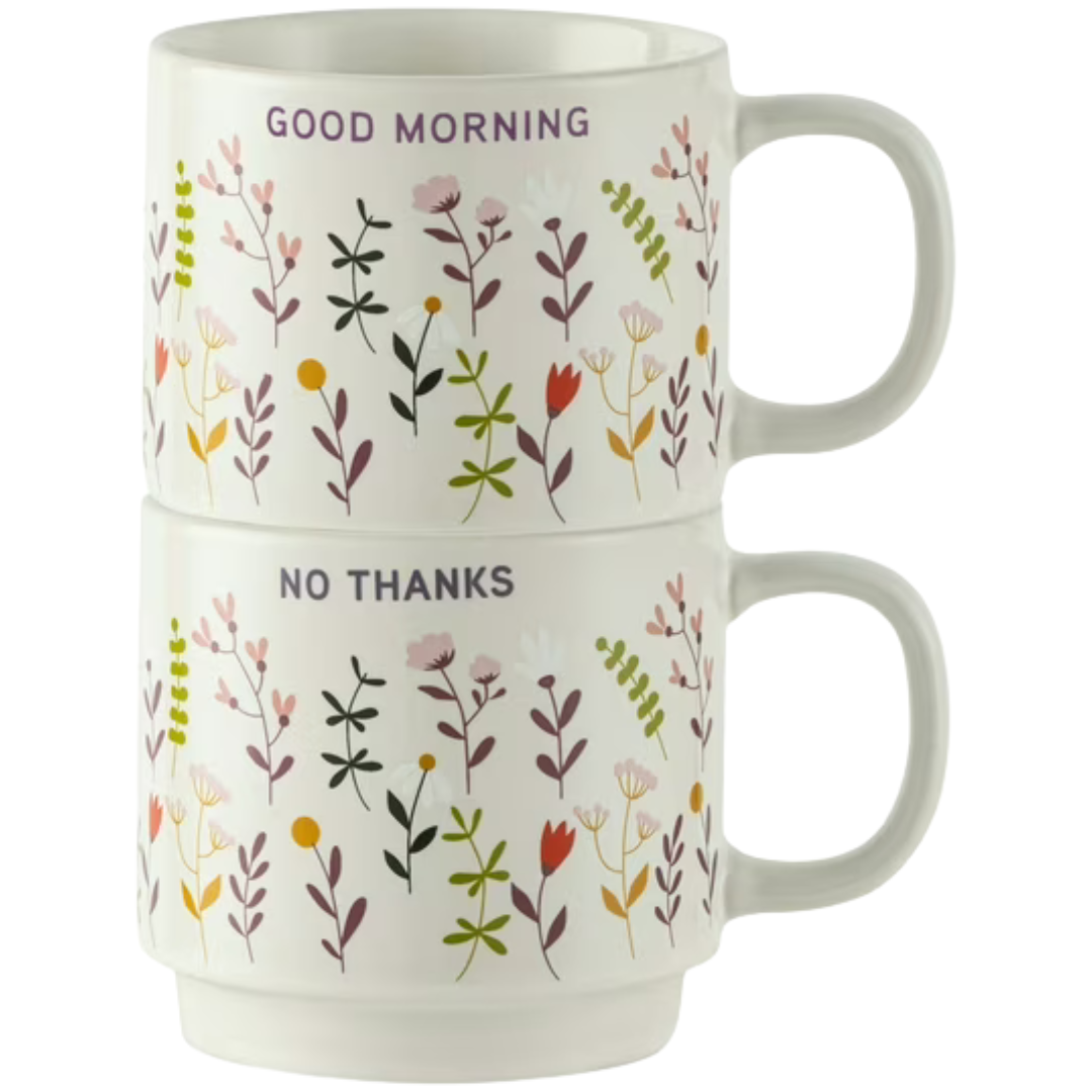 Thyme & Table 2 Pack Stacking Good Morning & No Thanks With Flowers Cream Mugs 14.2 Fl Oz