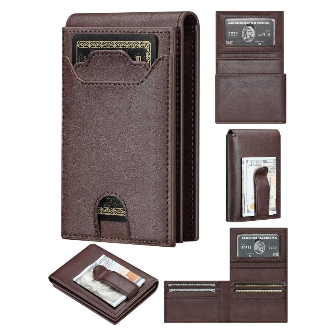 Men's Rfid Leather Slim Minimalist Wallet with Money Clip