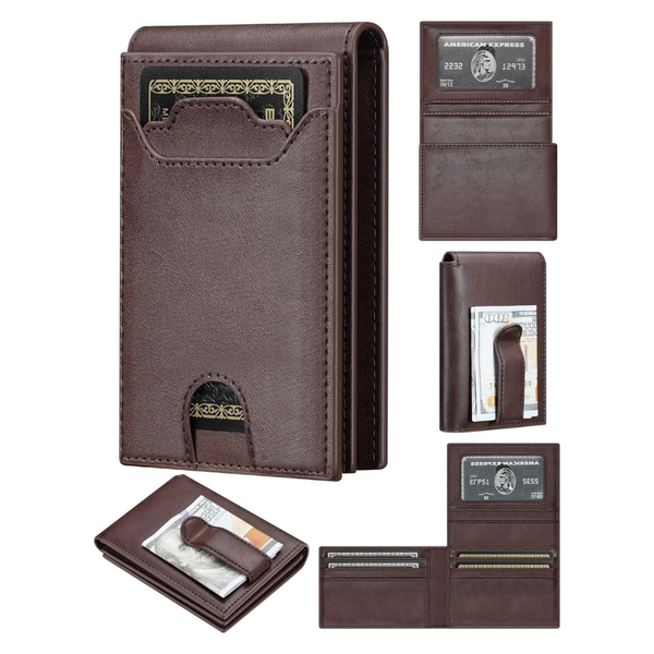 Men's Rfid Leather Slim Minimalist Wallet with Money Clip