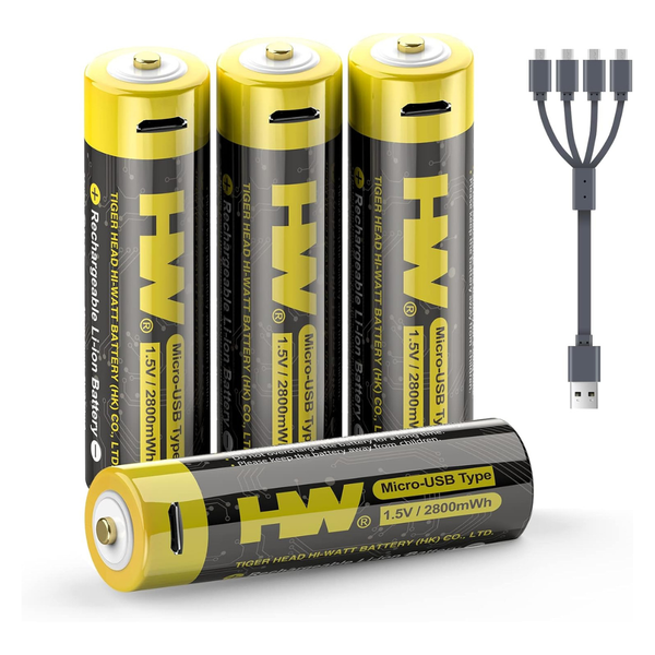 4-Pack HW USB Rechargeable AA Lithium Batteries with Type-C Charger Cable