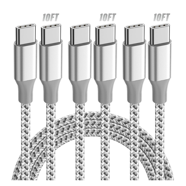 3-Pack 10ft 60W KYEHD USB-C To USB-C Fast Charging Cable (Grey White)