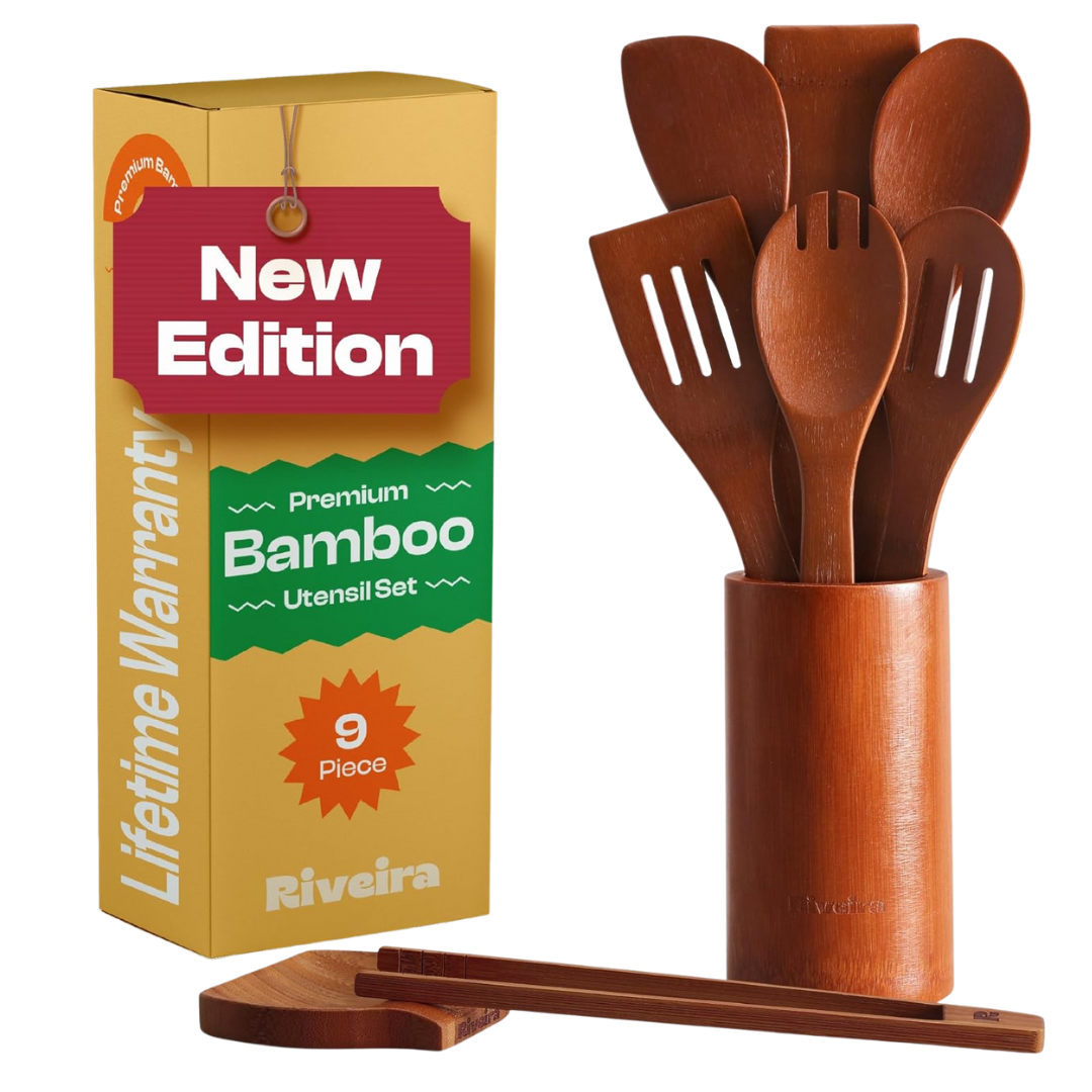 9-Piece Riveira Premium Brown Bamboo Wooden Spoons