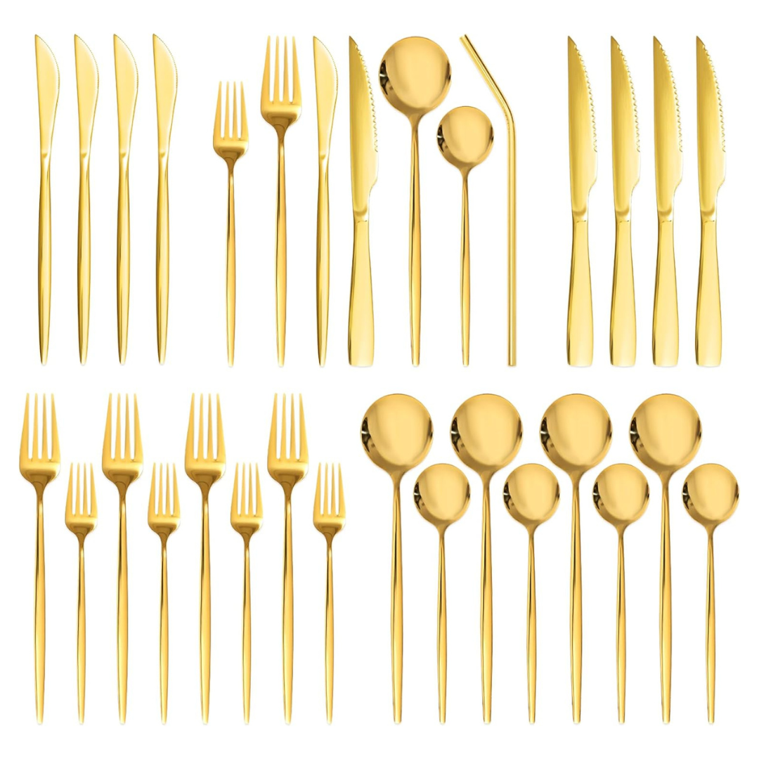 24-Piece Astercook Gold Silverware Set With Steak Knives Flatware Set