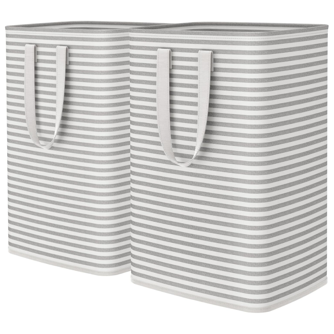 2-Pack Large 80L Collapsible Laundry Hamper Baskets With Handles (Gray)