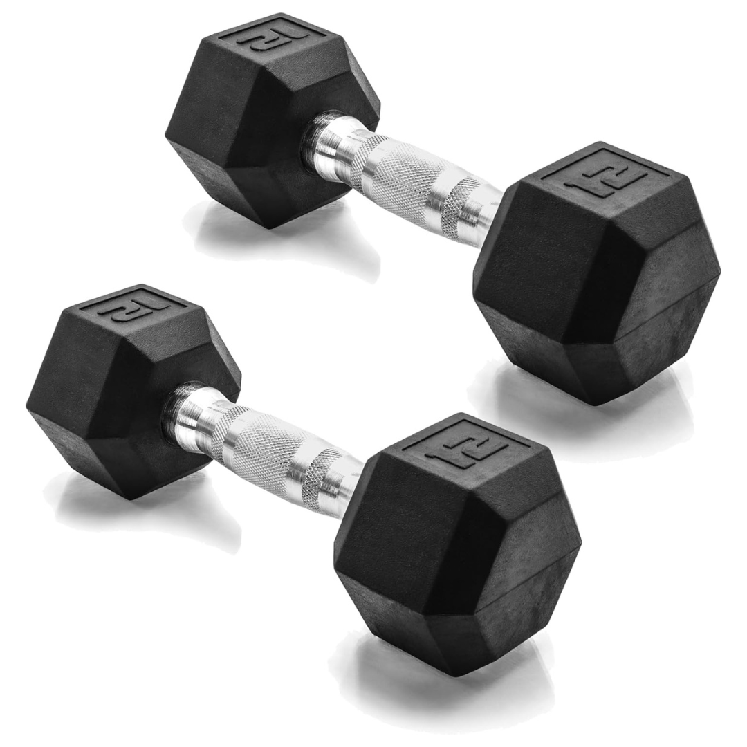 12-Lb CAP Barbell Coated Rubber Hex Dumbbell (Pair, Chrome Handle)