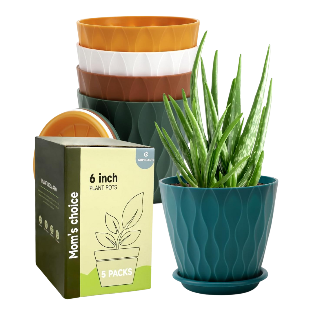 5-Pack 6" Goproauto Indoor Planter Pots W/ Drainage Hole & Tray Saucer