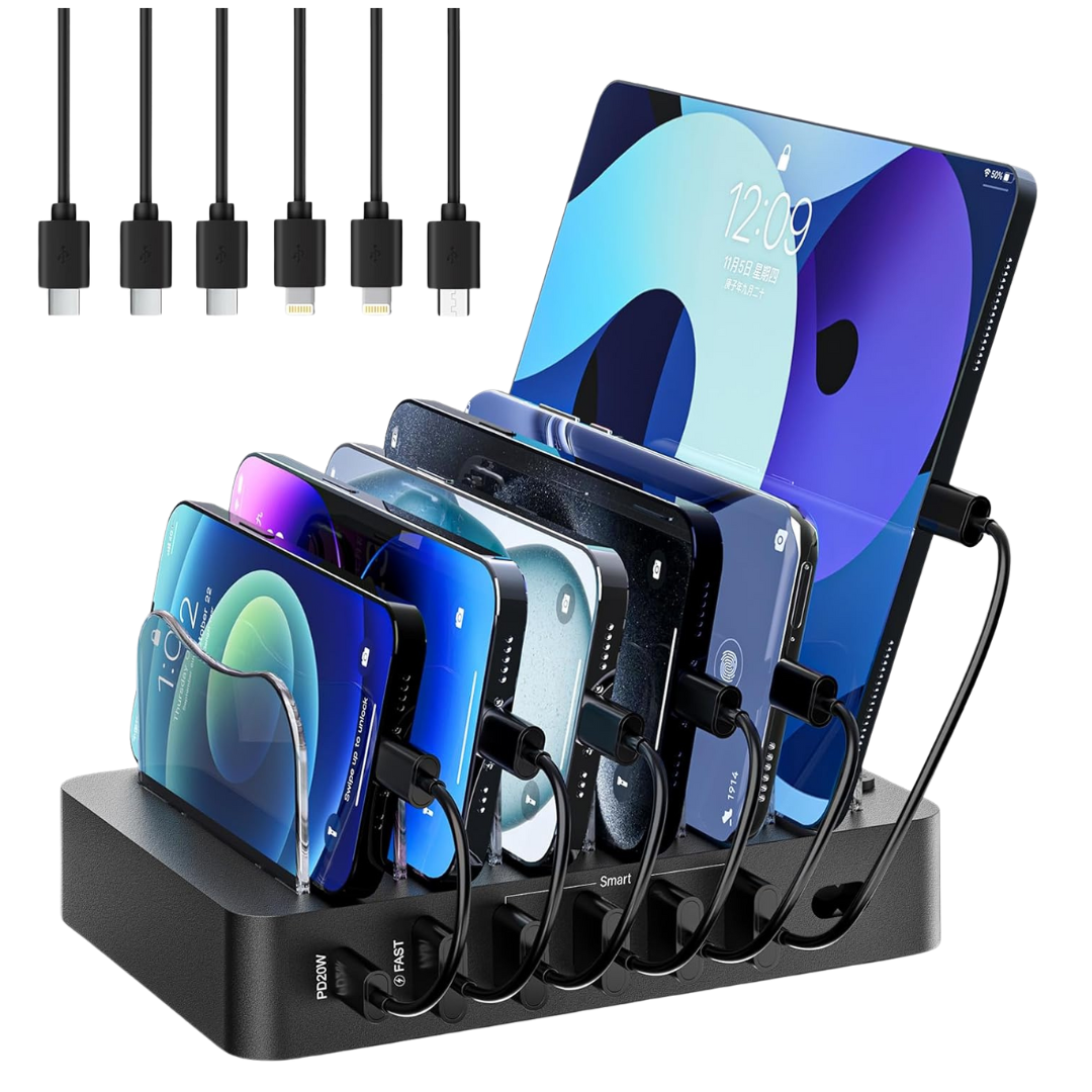 Clever Bright 68W 6 Port Phone Charger Dock With 6 Cables