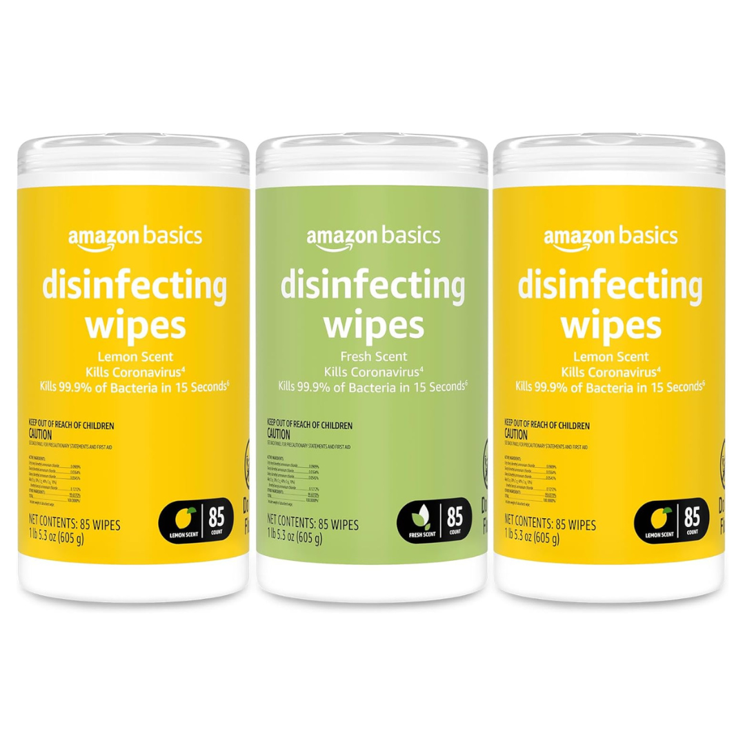 255-Count (3pk x 85ct) Amazon Basics Lemon & Fresh Scent Disinfecting Wipes