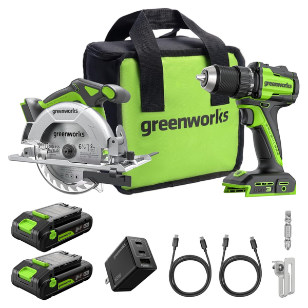 Greenworks 24V 1/2" Brushless Cordless Drill (400 In-lbs.) + 6.5" Circular Saw