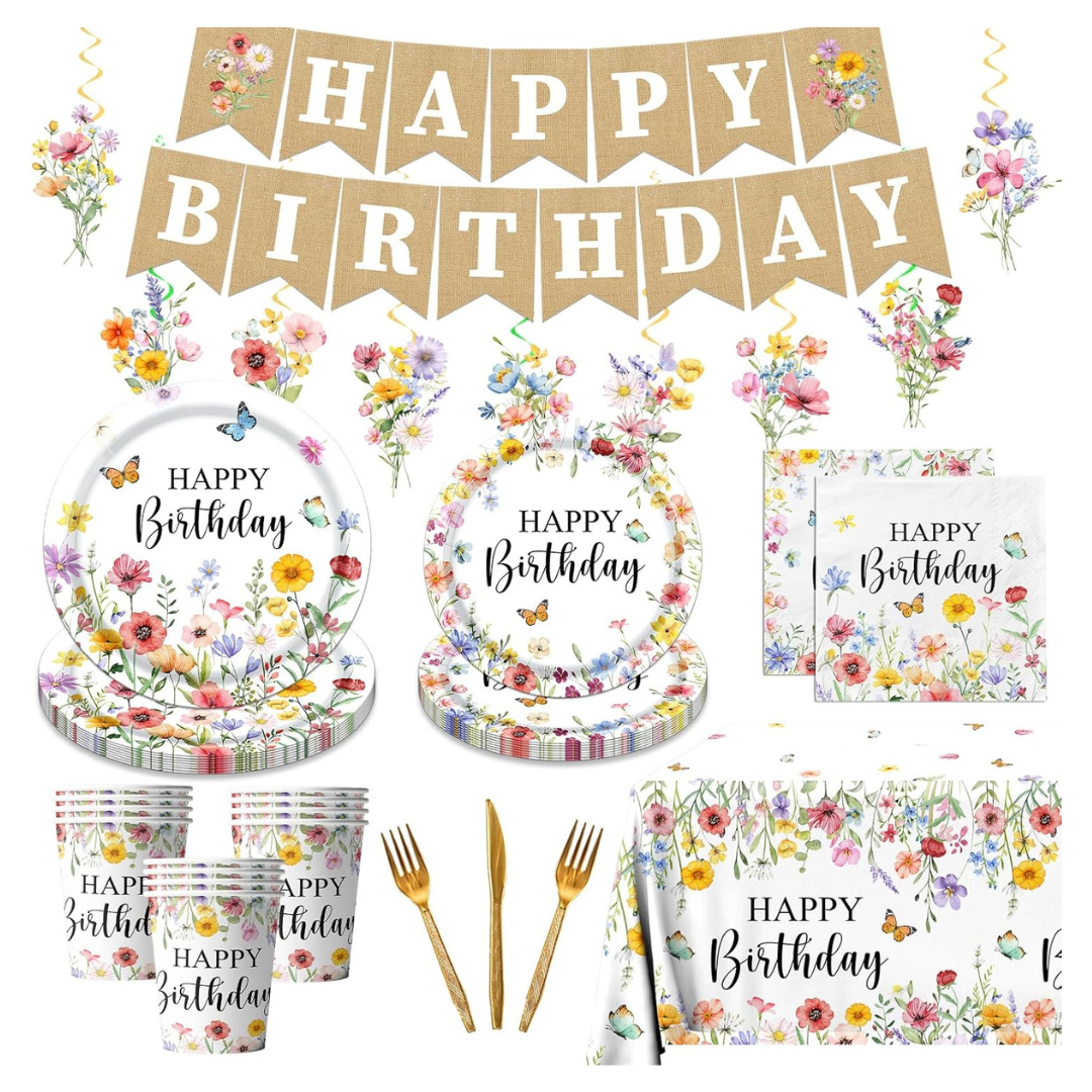 179-Pieces Wildflower Disposable Floral Party Plates And Napkins Set