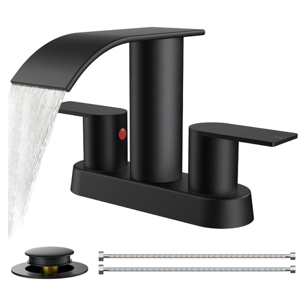 FORIOUS 3-Hole Waterfall Bathroom Sink Faucet With Drain (Matte Black)