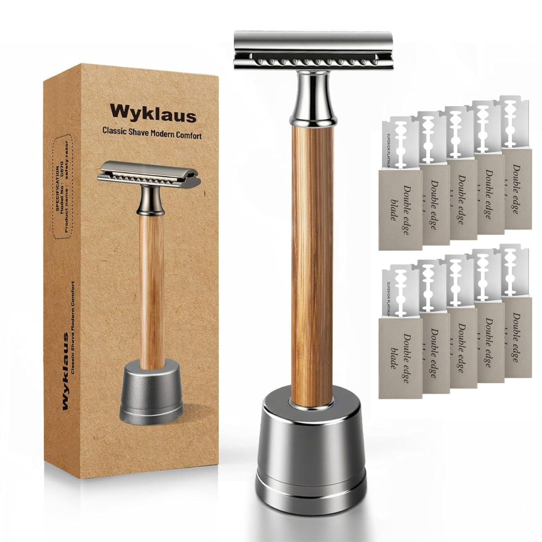Premium Metal Double Edge Razor with Bamboo Handle & 10 Blades