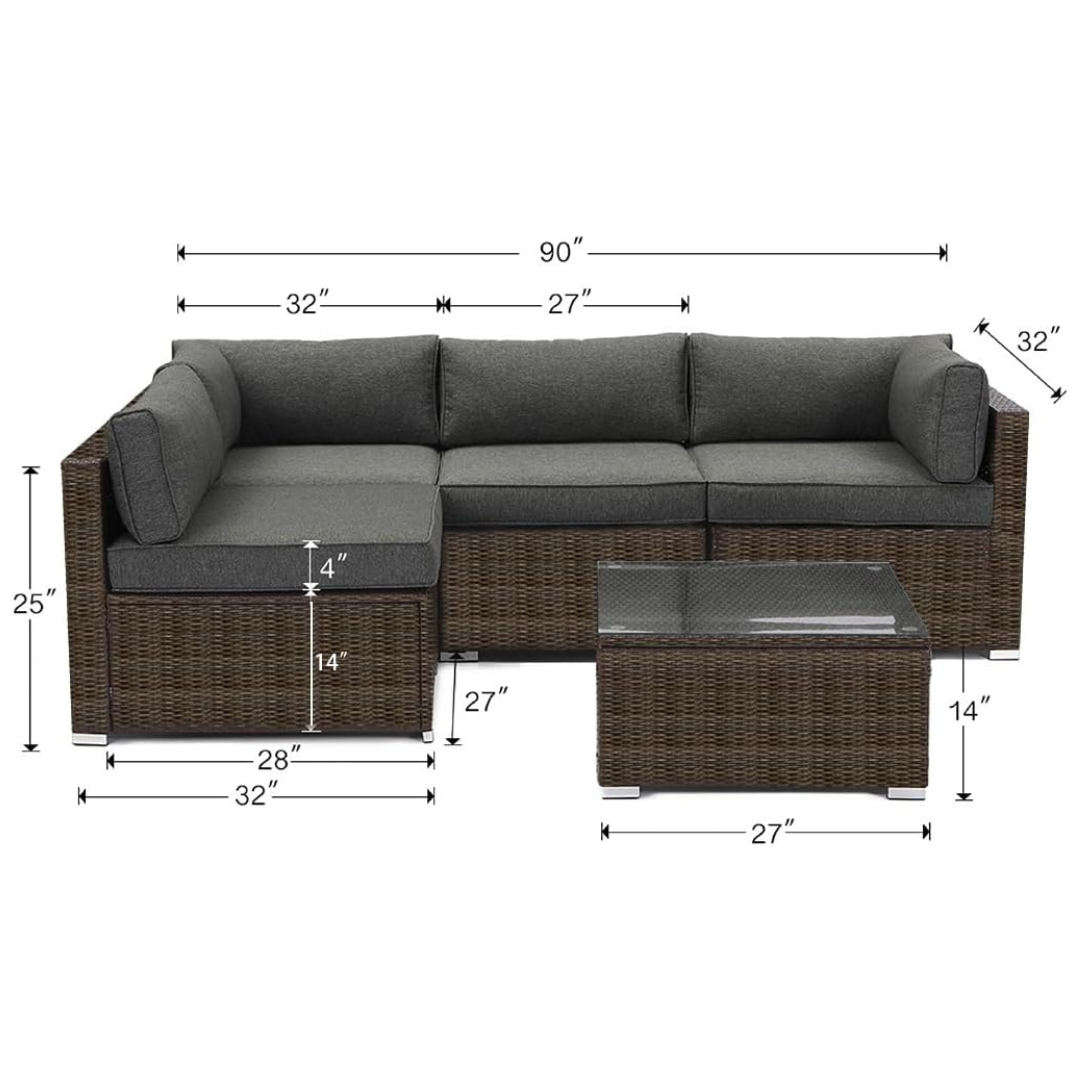 5-Piece Outdoor Patio Wicker Sectional Sofa Set with Cushions & Table