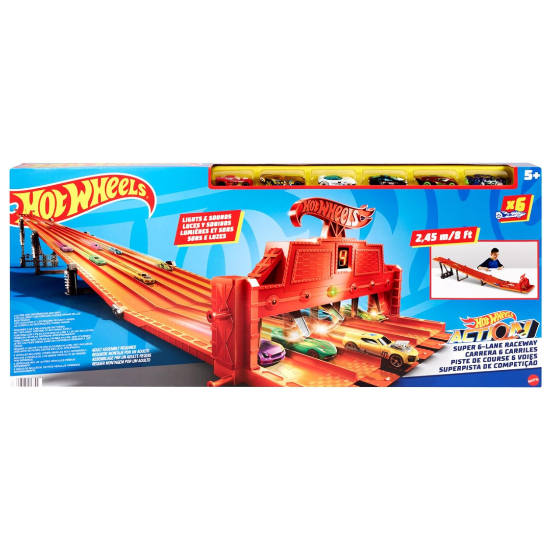 Hot Wheels Car Track Set With Lights Sounds & 6 1:64 Scale Vehicles Toy