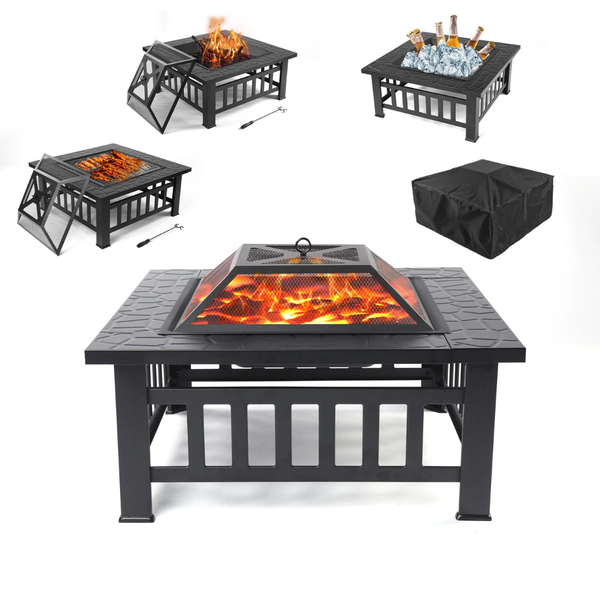 Uhomepro 32" Wood Burning Fire Pit Tables With Screen Lid (Black)