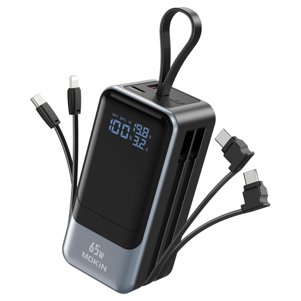 65W Power Bank Fast Charging USB C Battery Pack With Built In Cable