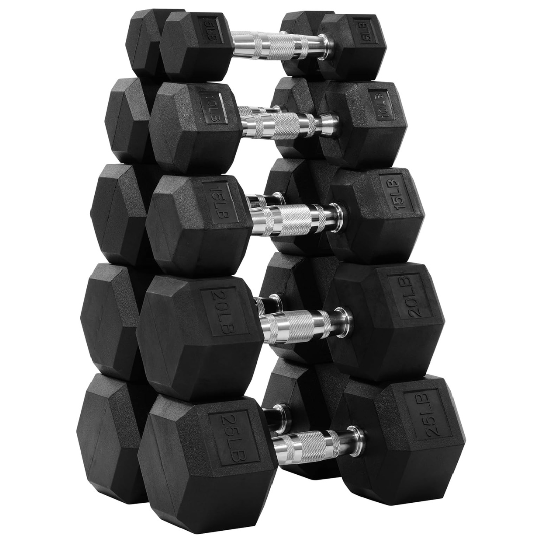 150-Lbs Fitvids Rubber Encased Hex Dumbbell Set (5-25LB Pairs)
