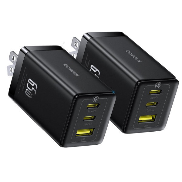 2-Pack 65W Baseus Foldable GaN 3-Port USB-C & USB-A Wall Chargers