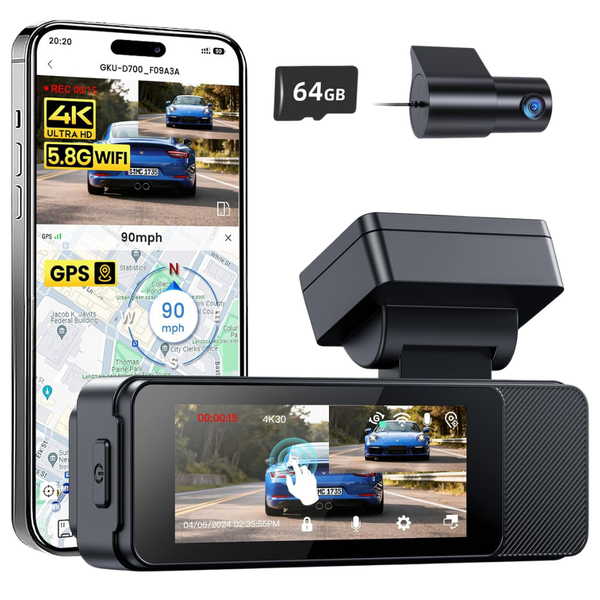 GKU D700 4K+1080P Front And Rear 3.18" Dashcam W/ GPS & WiFi
