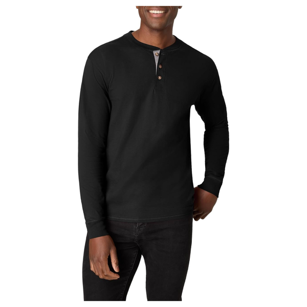 Hanes Men's Beefy-T Henley Cotton Long Sleeve Shirts (Ebony)