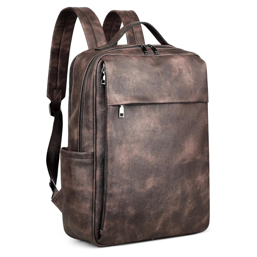 Masintor 15.6" PU Leather Laptop Backpack (Retro Coffee)