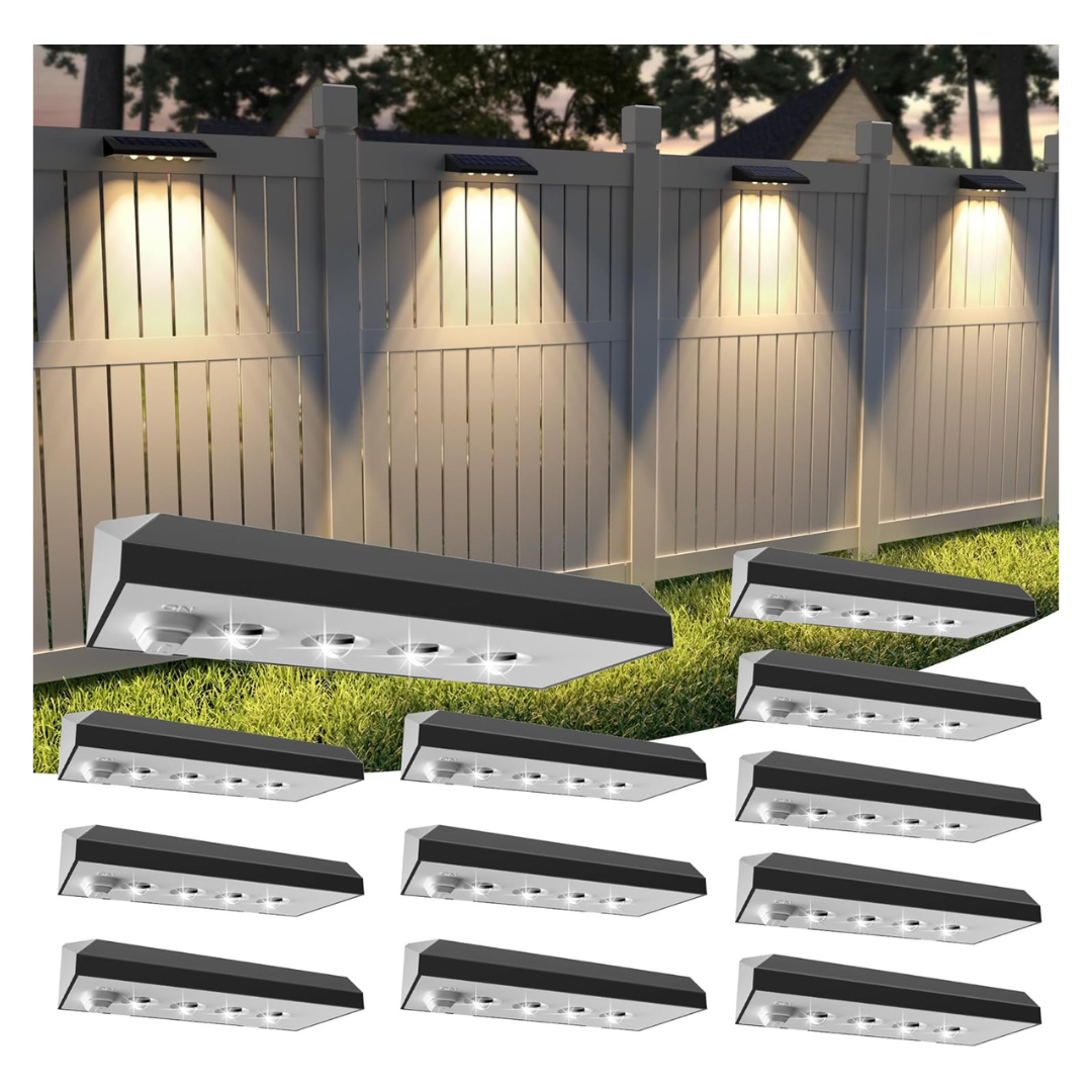 12-Pack IP65 3000K Solar Fence Lights With 4 Spot Lenses