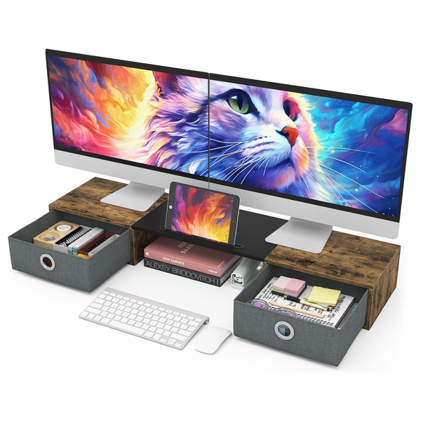 Dual Monitor Stand Riser with Two Drawers